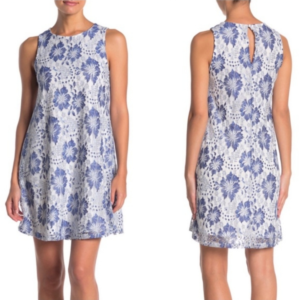 Eliza J Blue And White Floral Mid Length Lace Overlay Dress Women's Size 2